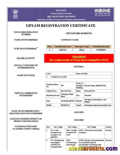 India Udyam registration certificate, version 3